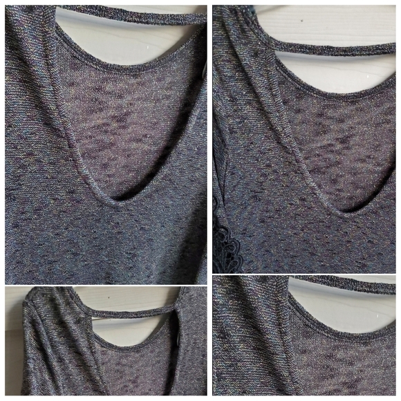 Buckle 3/4 Lace-sleeve Scoop Neck V-back Shimmery Rainbow Metallic Thread Tunic - Picture 15 of 16